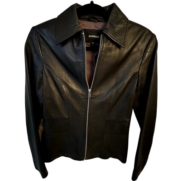 Y2K Express Genuine Leather Jacket Size 4 – Black Moto Zip, Vintage 2000s - Picture 1 of 5
